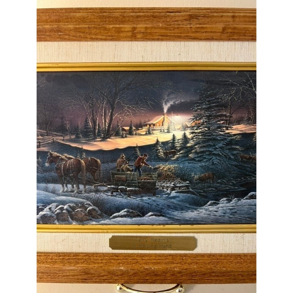 Terry Redlin A Helping Hand Framed Linen Plaque Oak Frame Winter Scene 14x9 - Picture 3 of 8